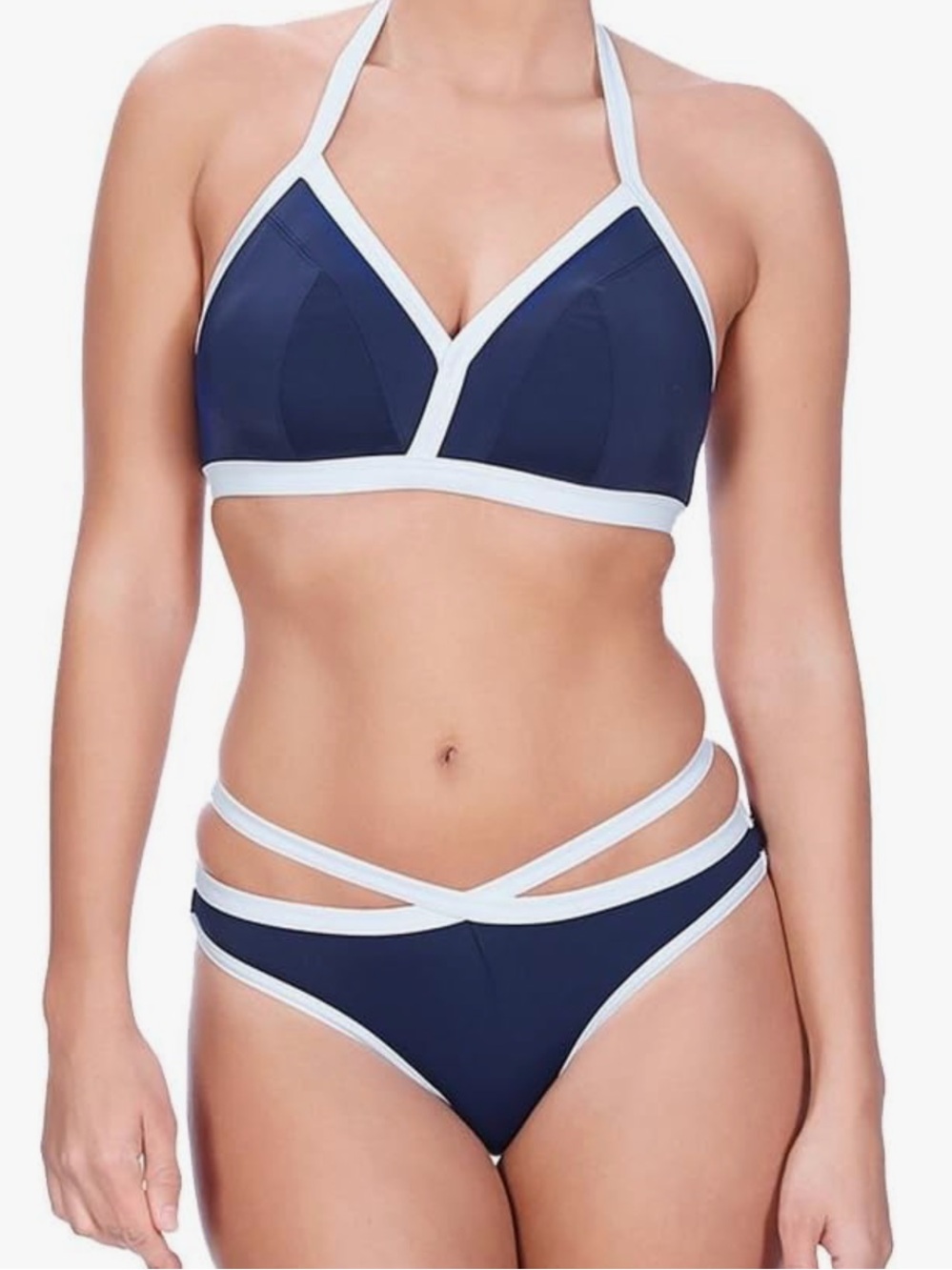 Freya 30F/G cup Navy Blue Bikini Set with White Trim